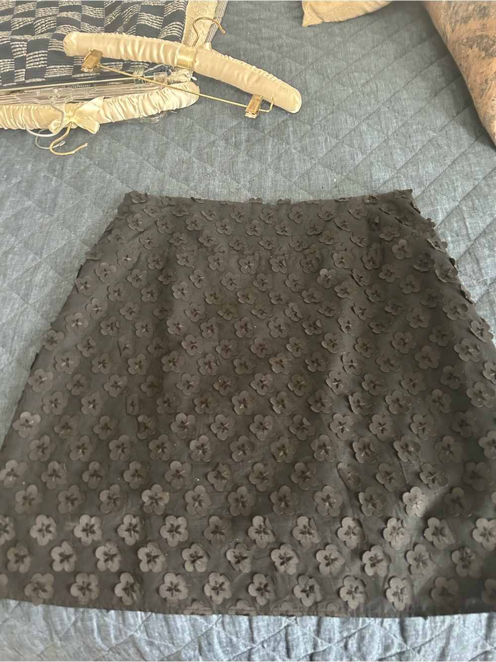Black A-Line Floral Appliqué Skirt